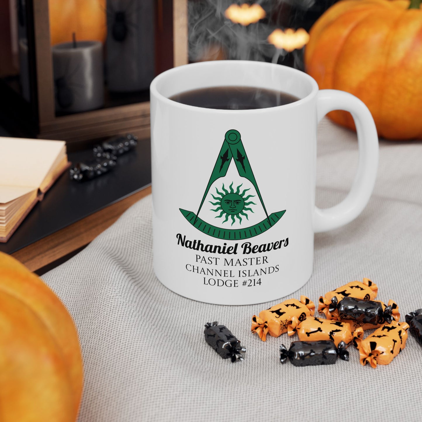 Personalized Past Master Mug - Compass & Quadrant (Green, Sun with Face, Spearhead)