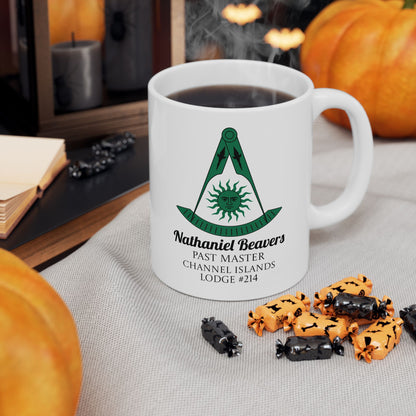Personalized Past Master Mug - Compass & Quadrant (Green, Sun with Face, Spearhead)