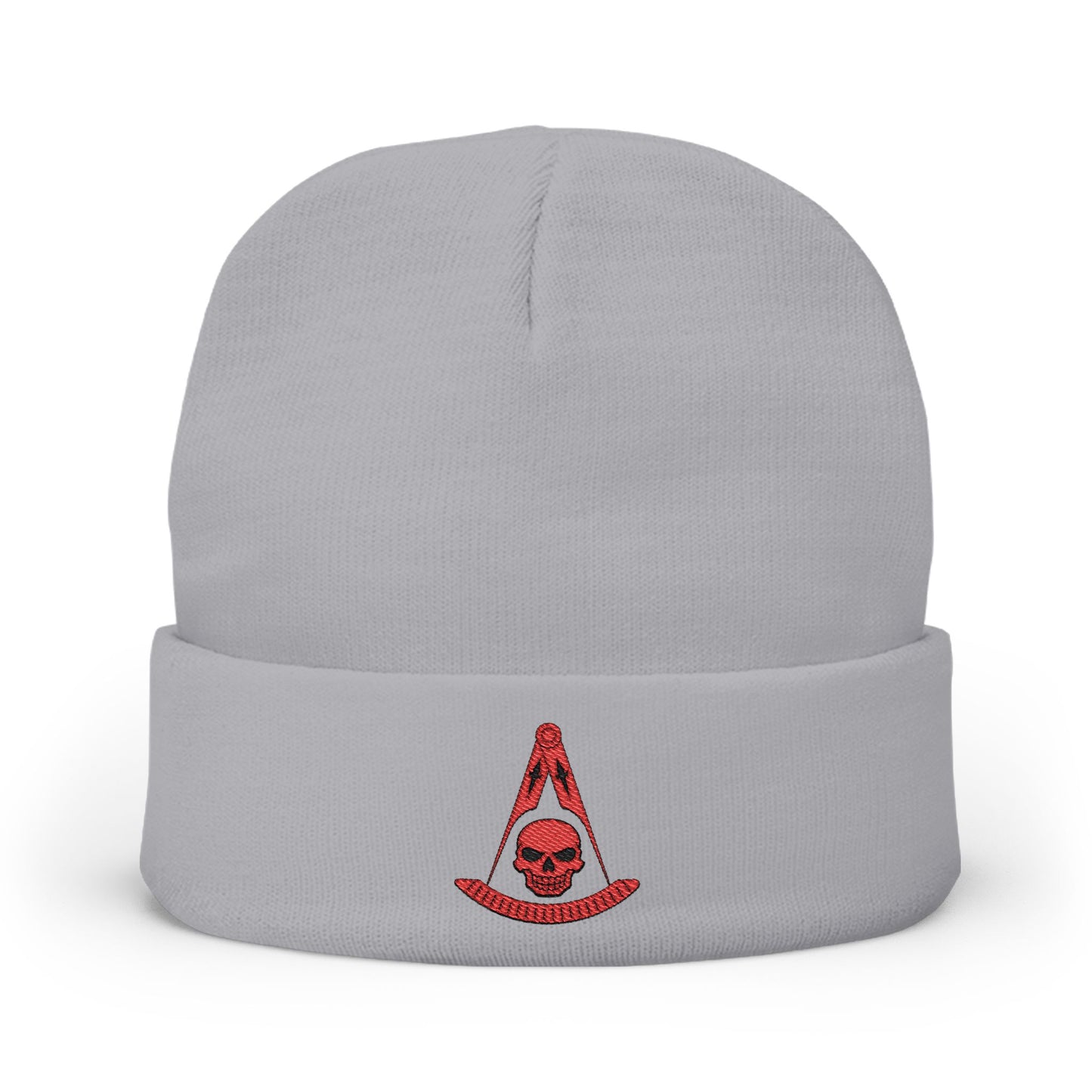 Past Master with Skull Embroidered Knit Beanie – Compass & Quadrant (Red)