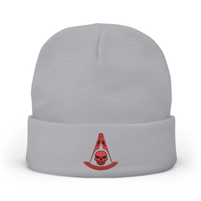 Past Master with Skull Embroidered Knit Beanie – Compass & Quadrant (Red)