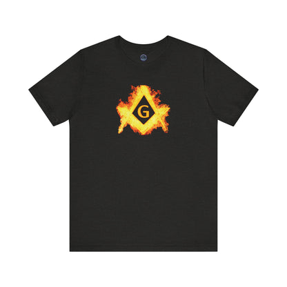 Flaming Square and Compass Short Sleeve T-Shirt - Orange Flames