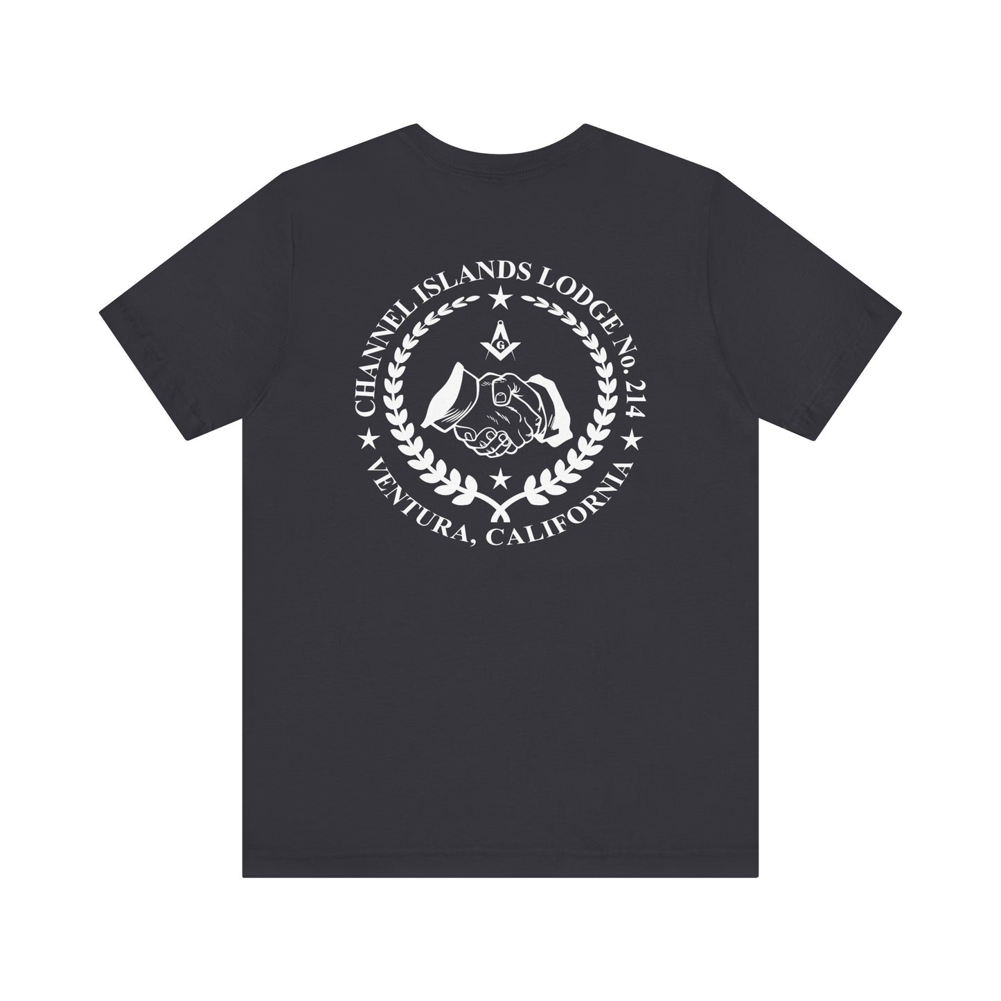 Channel Islands Lodge 214 short sleeve T-shirt in dark colors, printed by Printify, featuring a comfortable casual fit and graphic design.