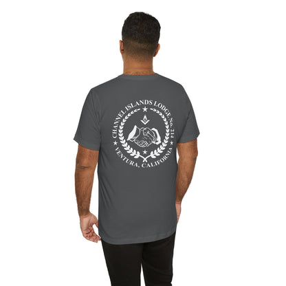 Fellowcraft T-Shirt in dark colors featuring Channel Islands Lodge 214 logo, made by Printify, with front graphic and logo details.