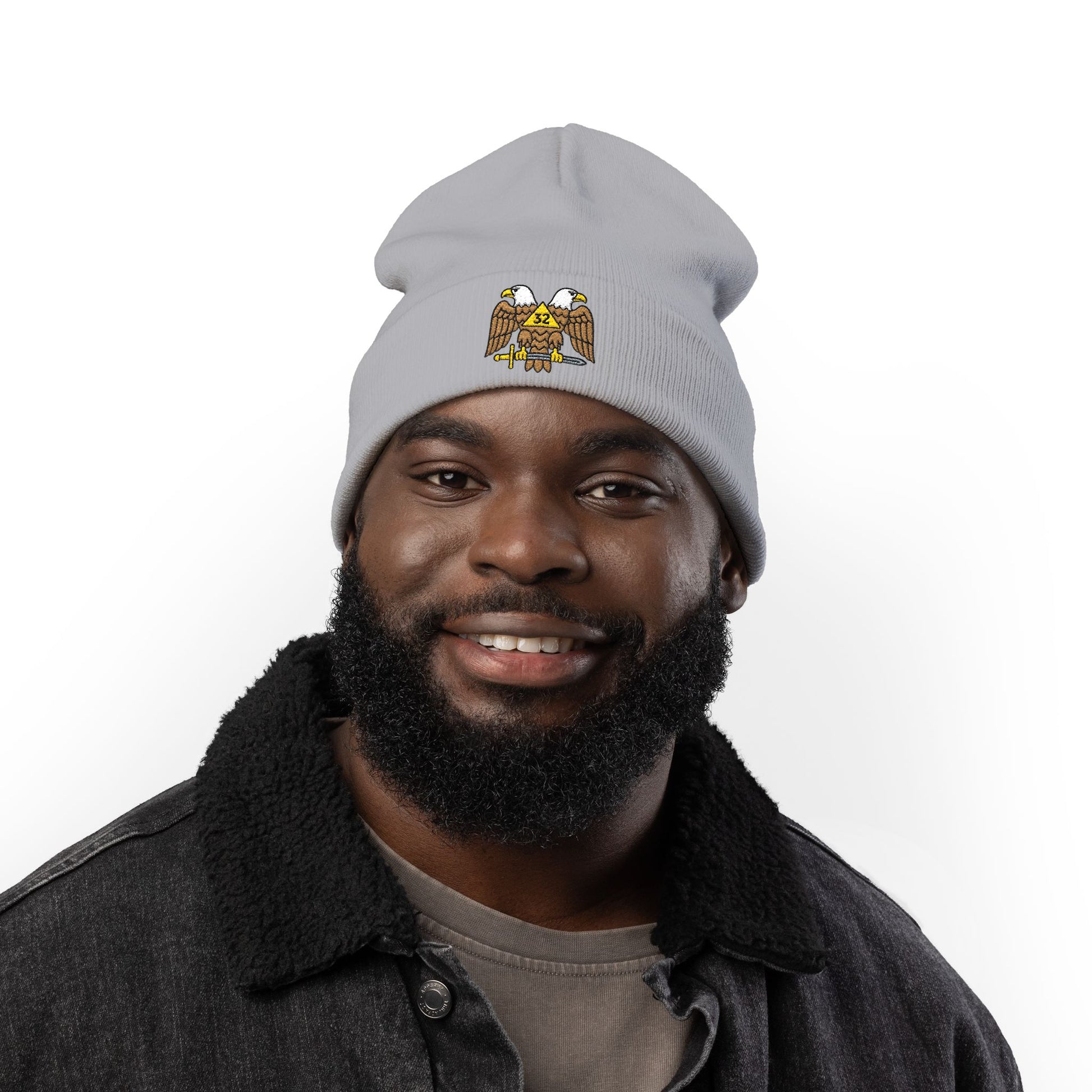 Scottish Rite embroidered knit beanie hat with detailed stitching, made by Printify, featuring a warm, stylish design.