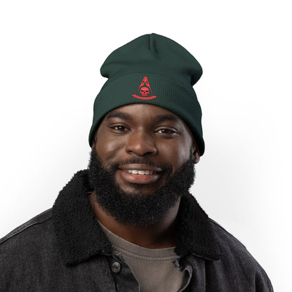 Past Master with Skull Embroidered Knit Beanie – Compass & Quadrant (Red)
