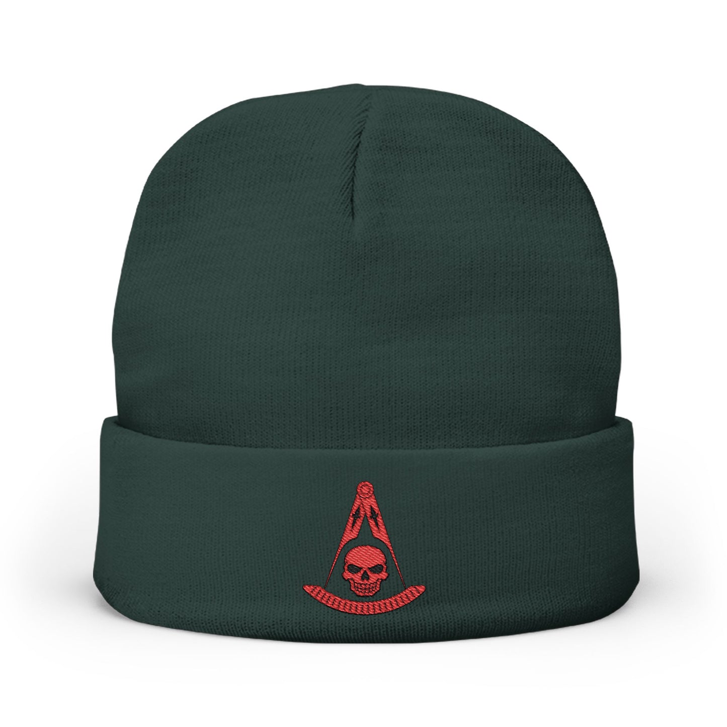 Past Master with Skull Embroidered Knit Beanie – Compass & Quadrant (Red)