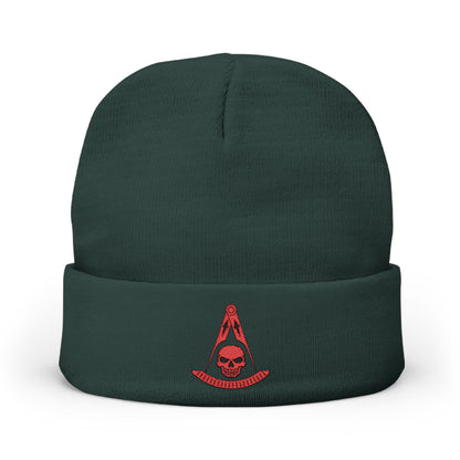 Past Master with Skull Embroidered Knit Beanie – Compass & Quadrant (Red)
