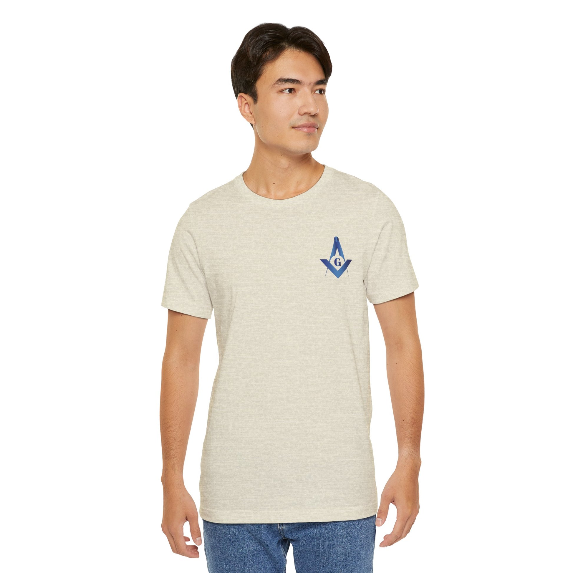 Sapphire Channel Islands Lodge 214 Entered Apprentice short sleeve T-shirt by Printify, showing the front design and fabric texture.