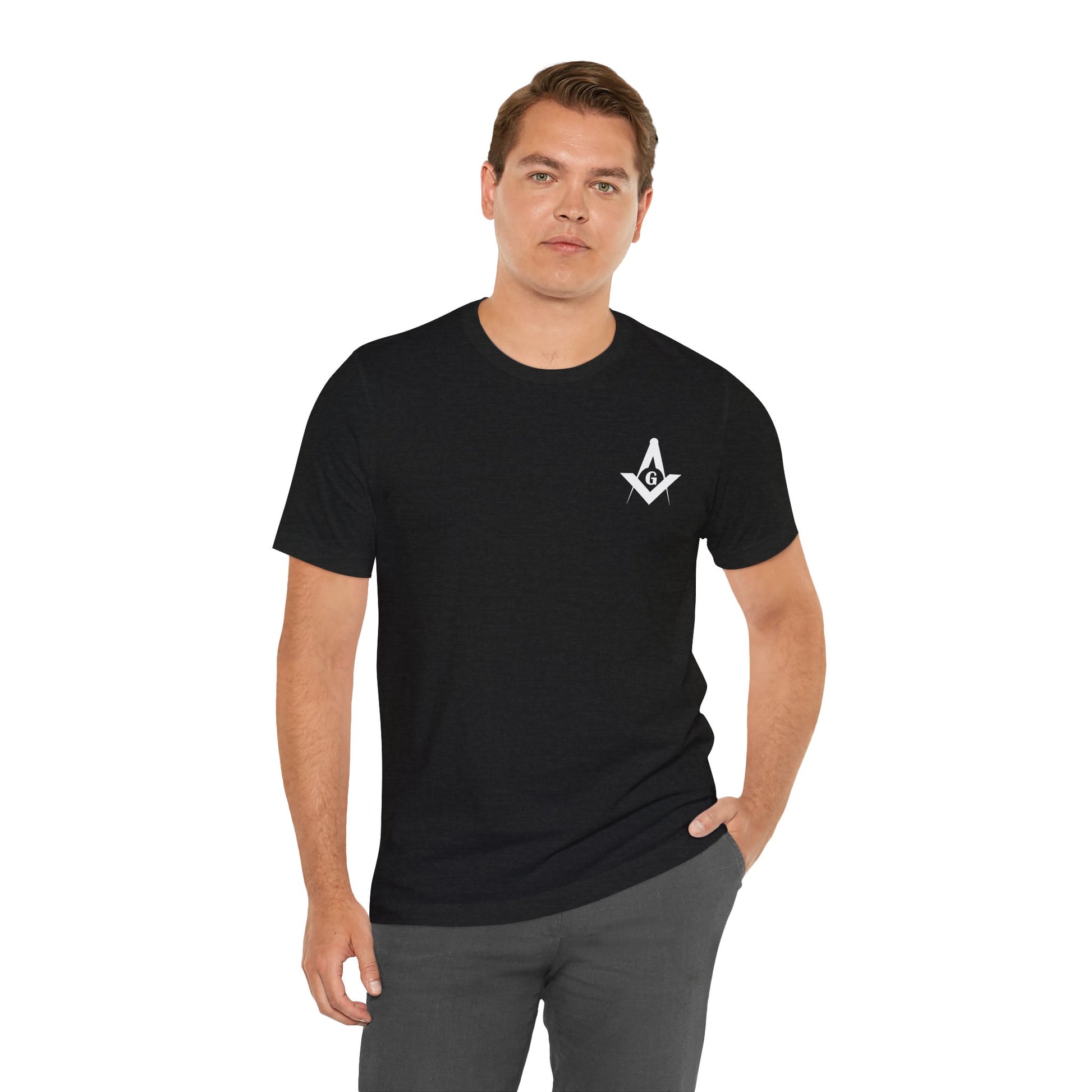 Dark-colored Entered Apprentice T-Shirt from Channel Islands Lodge 214 with lodge logo and text, made by Printify.