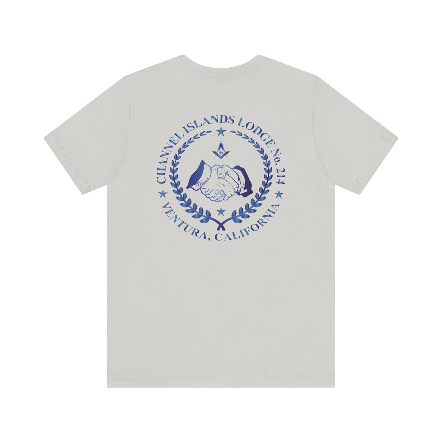 Sapphire Channel Islands Lodge 214 Entered Apprentice short sleeve T-shirt by Printify with lodge logo on front.