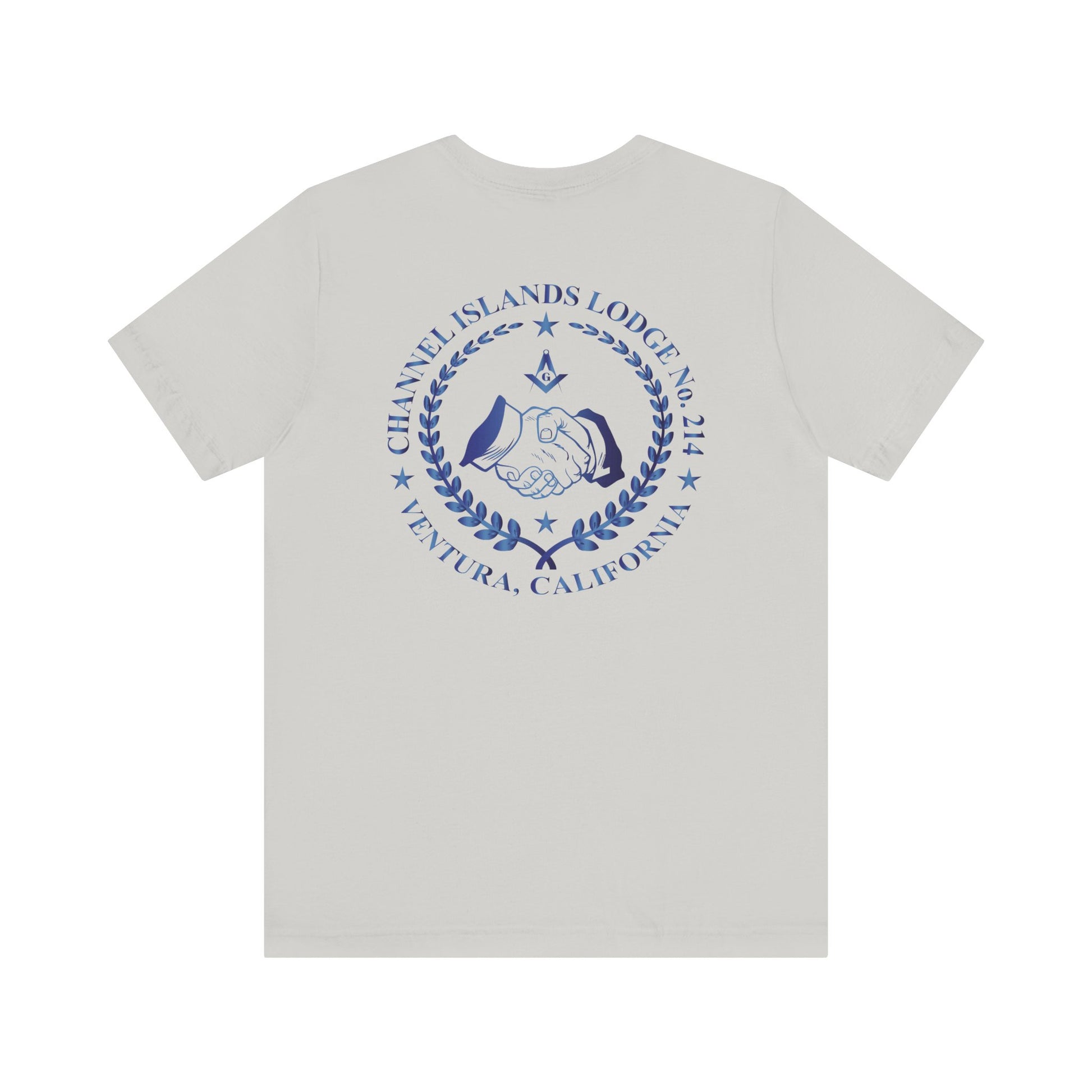 Sapphire Channel Islands Lodge 214 Entered Apprentice short sleeve T-shirt by Printify with lodge logo on front.