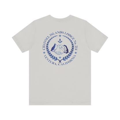Sapphire Channel Islands Lodge 214 Entered Apprentice short sleeve T-shirt by Printify with lodge logo on front.
