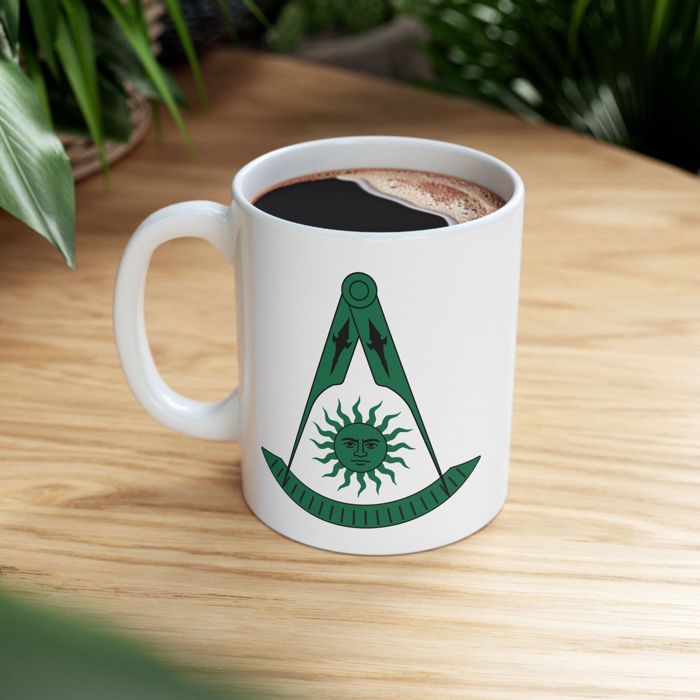Two-Sided Past Master Ceramic Mug - Compass & Quadrant (Green, Sun with Face, Spearhead)
