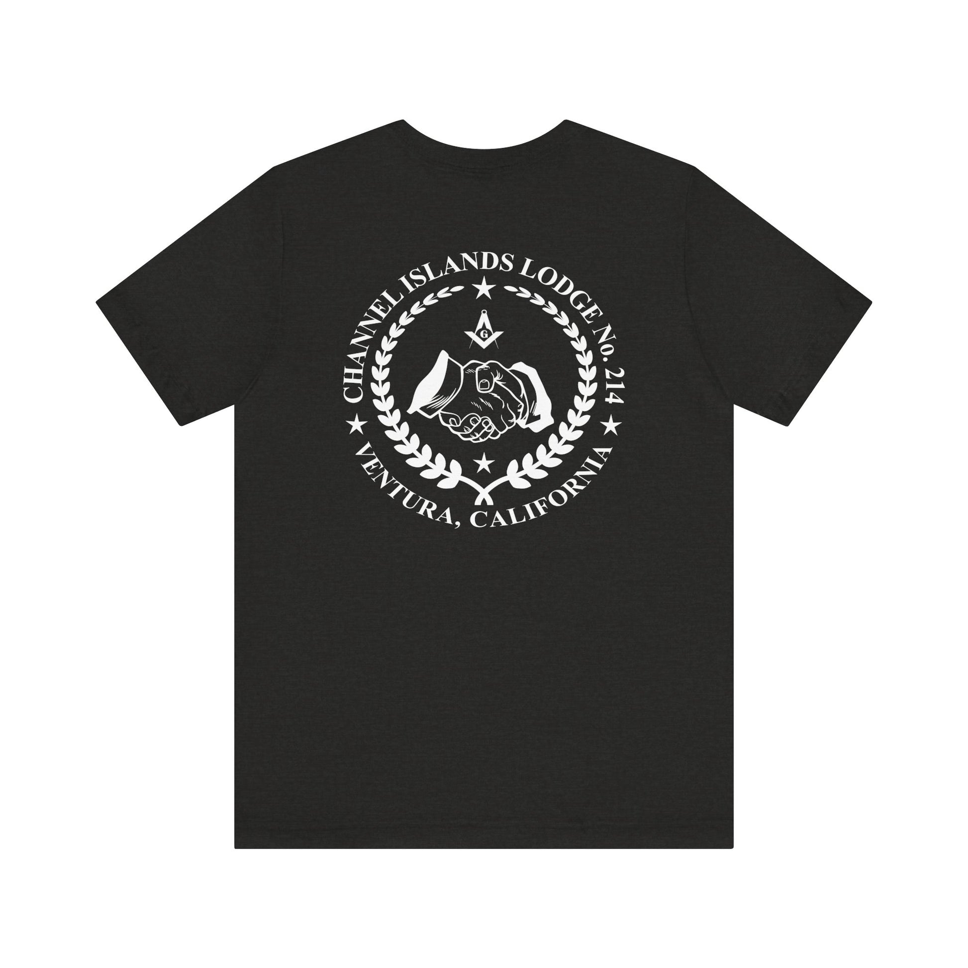 Dark-colored Entered Apprentice T-Shirt featuring the Channel Islands Lodge 214 logo, printed by Printify.