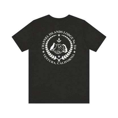 Dark-colored Entered Apprentice T-Shirt featuring the Channel Islands Lodge 214 logo, printed by Printify.
