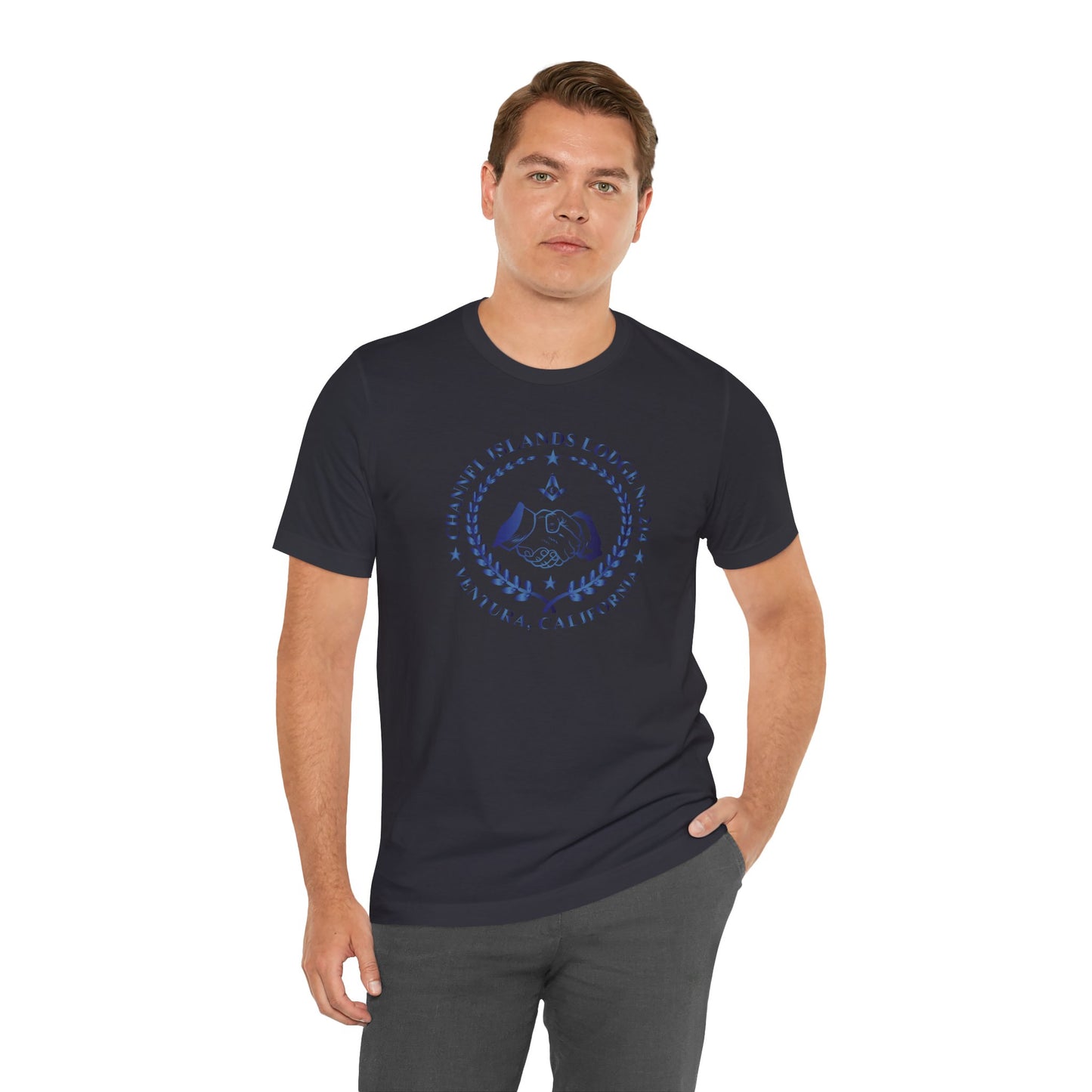 Channel Islands Lodge 214 short sleeve T-shirt in sapphire gradient with logo print, casual cotton tee for everyday wear.