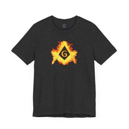 Flaming Square and Compass Short Sleeve T-Shirt - Orange Flames