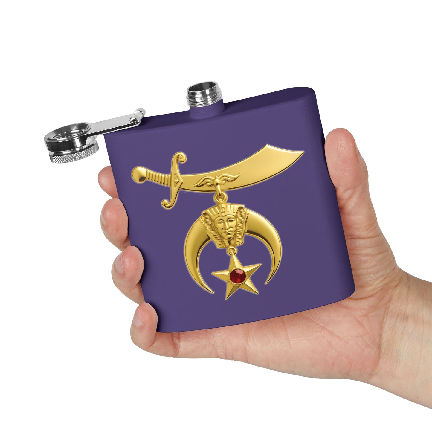 Shriner Stainless Steel Flask - Jeweled Gold Emblem