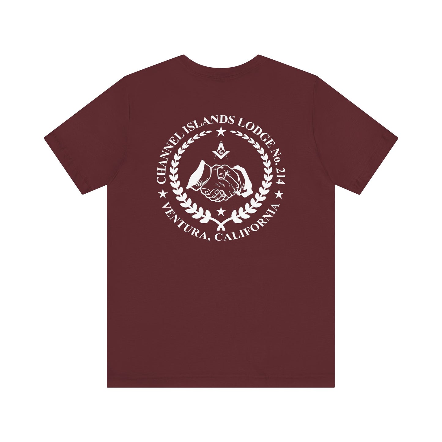 Fellowcraft T-Shirt featuring Channel Islands Lodge 214 logo in dark colors, made by Printify, casual lodge-themed apparel.