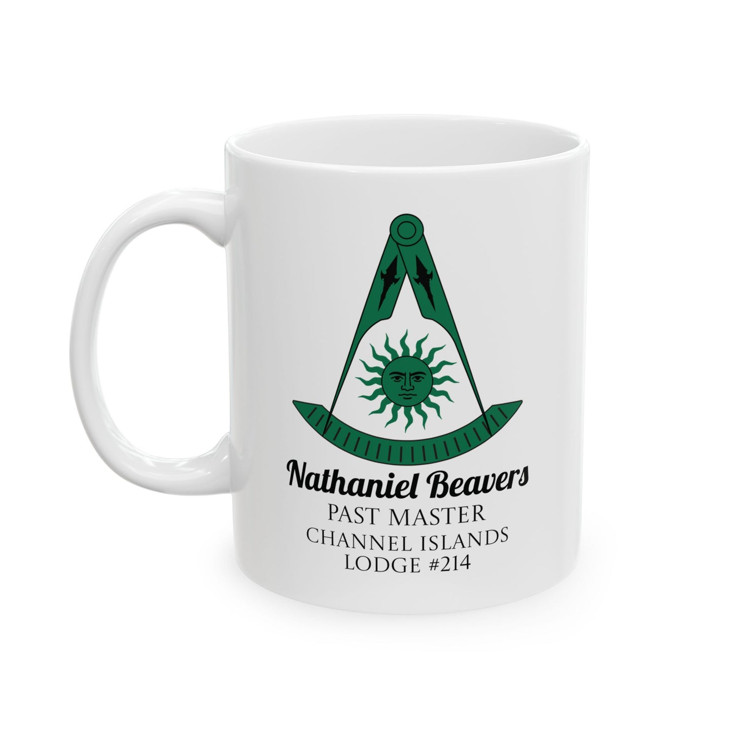 Personalized Past Master Mug - Compass & Quadrant (Green, Sun with Face, Spearhead)