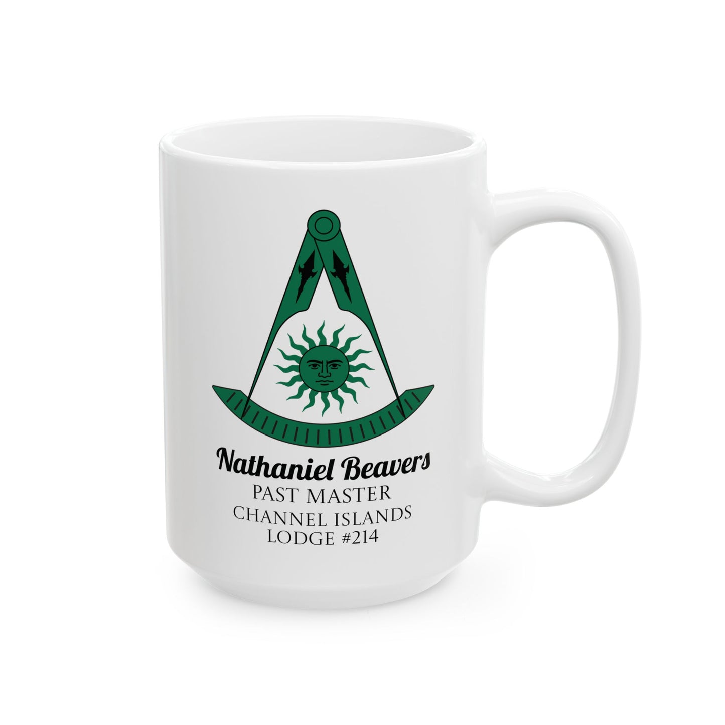 Personalized Past Master Mug - Compass & Quadrant (Green, Sun with Face, Spearhead)
