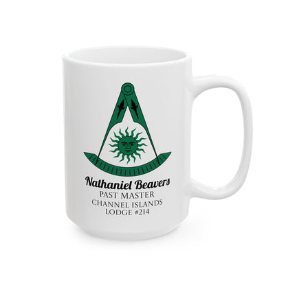 Personalized Past Master Mug - Compass & Quadrant (Green, Sun with Face, Spearhead)