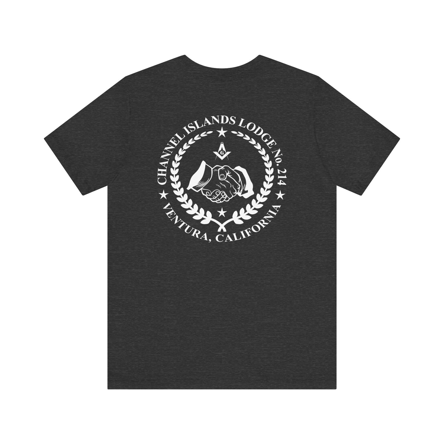 Fellowcraft T-Shirt by Printify featuring Channel Islands Lodge 214 logo in dark colors, casual fit, and soft fabric.