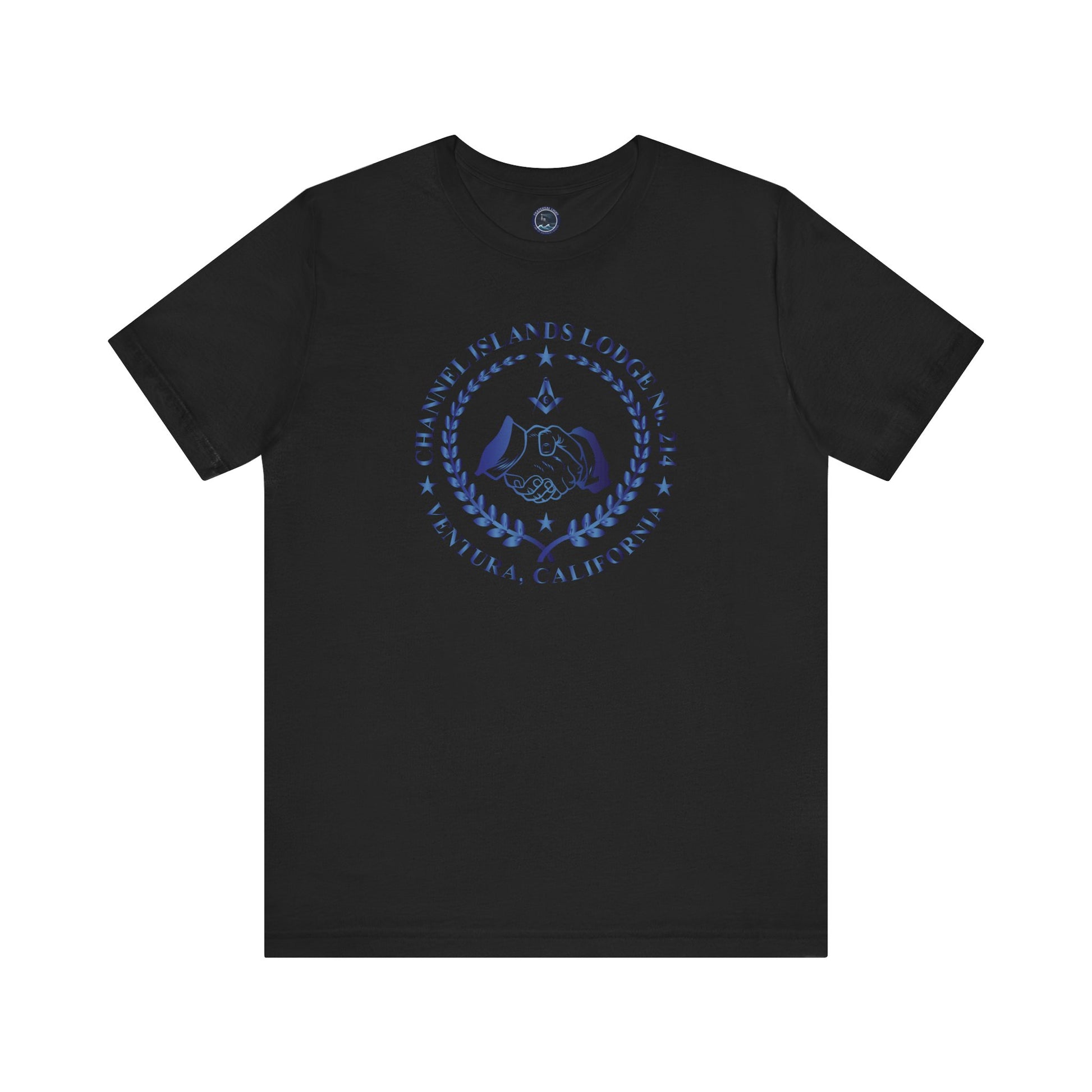 Channel Islands Lodge 214 short sleeve T-shirt in sapphire gradient, featuring a comfortable fit and stylish design by Printify.