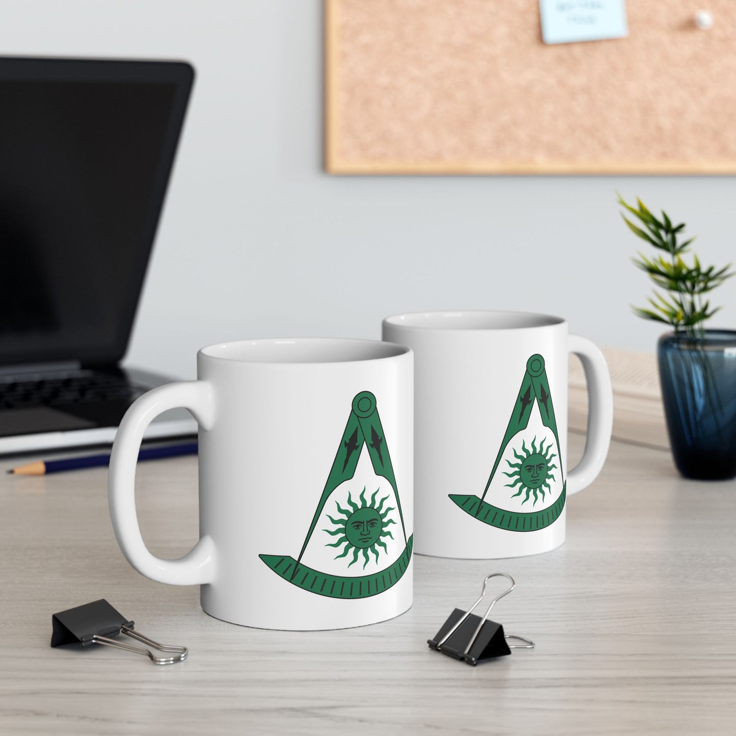 Two-Sided Past Master Ceramic Mug - Compass & Quadrant (Green, Sun with Face, Spearhead)