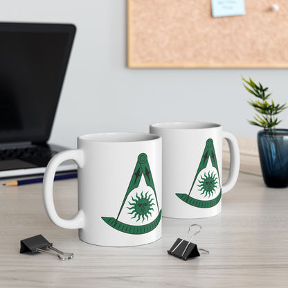 Two-Sided Past Master Ceramic Mug - Compass & Quadrant (Green, Sun with Face, Spearhead)