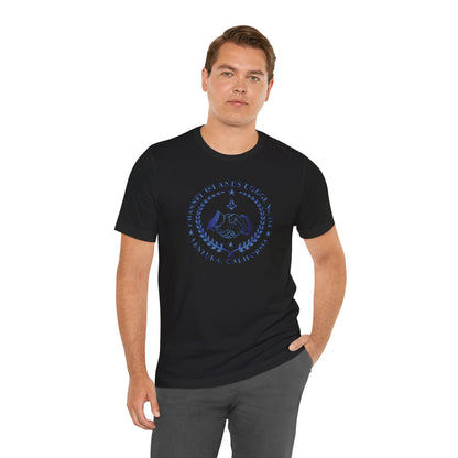 Channel Islands Lodge 214 short sleeve T-shirt by Printify in sapphire gradient, featuring a casual fit and graphic design.