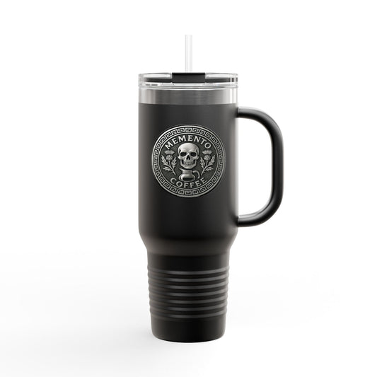 Two-Sided "Memento Coffee" Insulated Travel Tumbler (40oz) - Silver Emblem