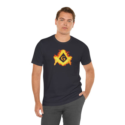 Flaming Square and Compass Short Sleeve T-Shirt - Orange Flames
