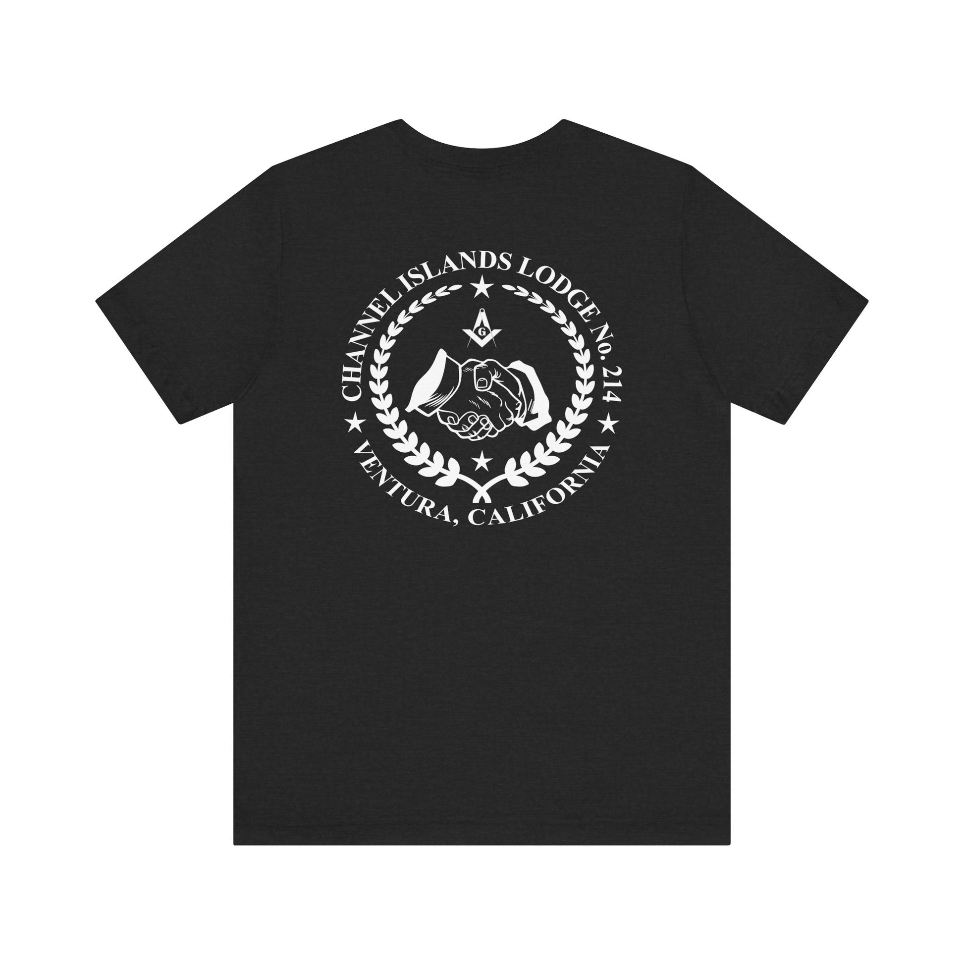 Fellowcraft T-Shirt from Channel Islands Lodge 214 in dark colors, featuring lodge logo and design on front, made by Printify.