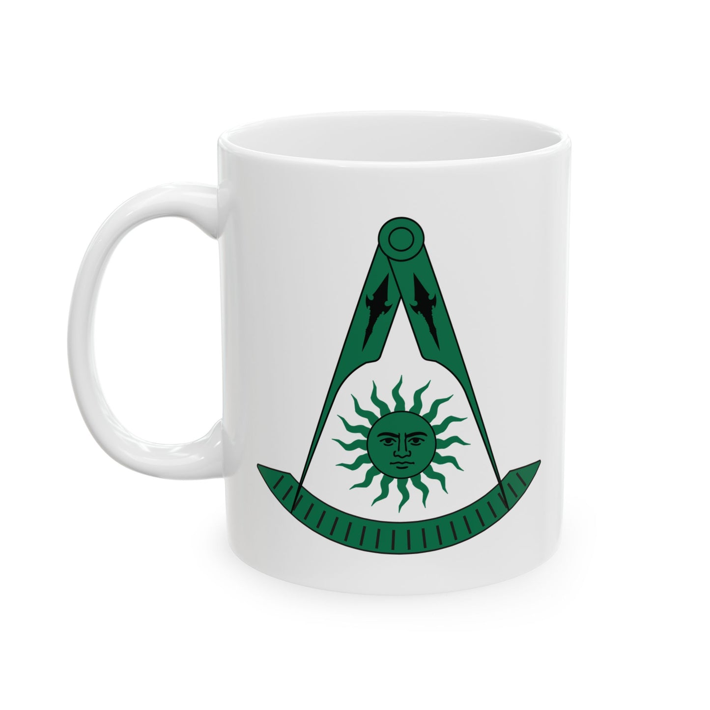 Two-Sided Past Master Ceramic Mug - Compass & Quadrant (Green, Sun with Face, Spearhead)