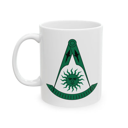 Two-Sided Past Master Ceramic Mug - Compass & Quadrant (Green, Sun with Face, Spearhead)