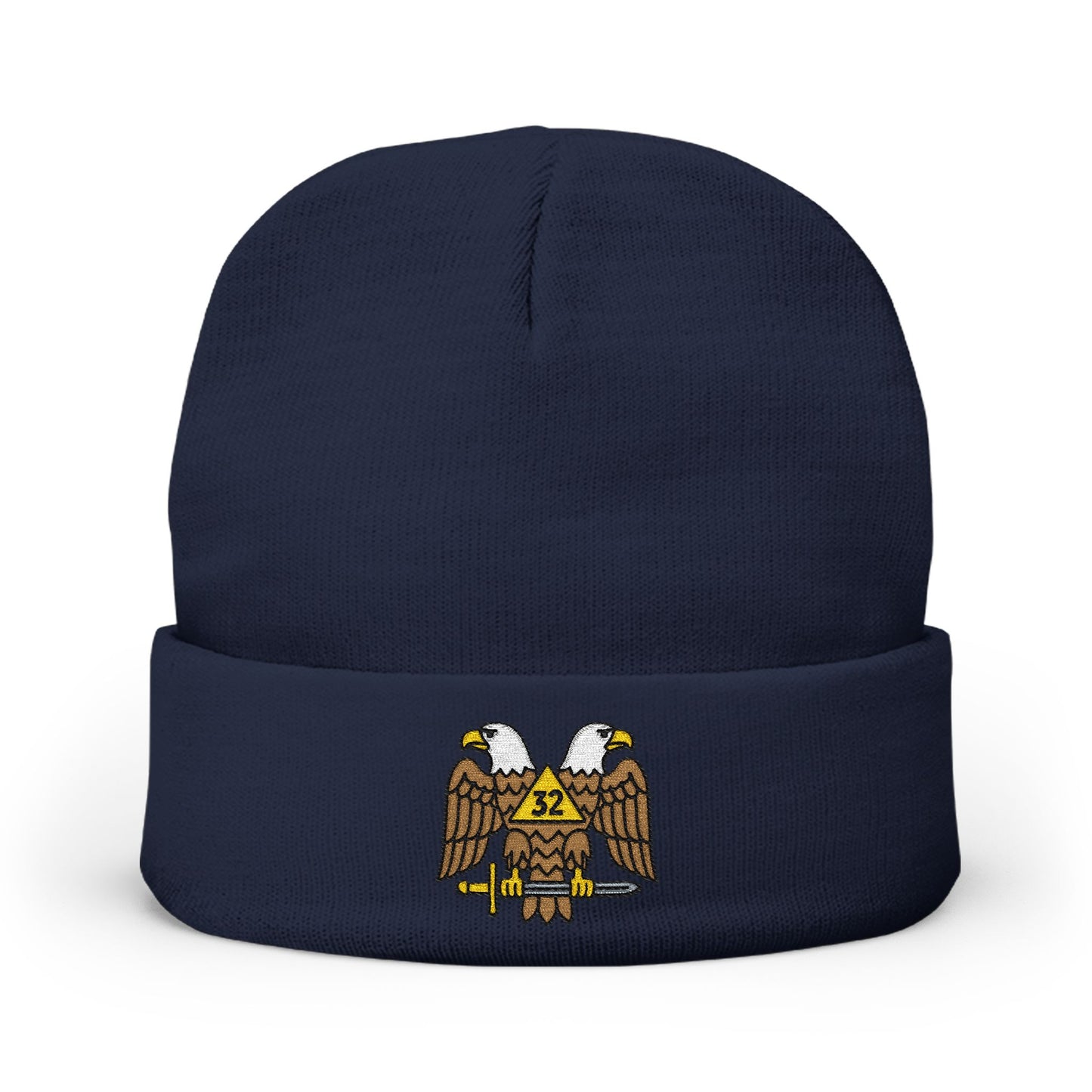 Scottish Rite embroidered knit beanie hat by Printify, featuring detailed embroidery and cozy knitted fabric on a neutral background.