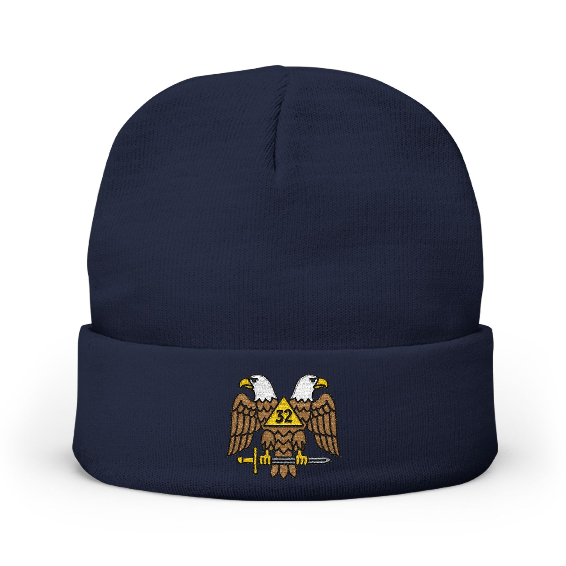 Scottish Rite embroidered knit beanie hat by Printify, featuring detailed embroidery and cozy knitted fabric on a neutral background.