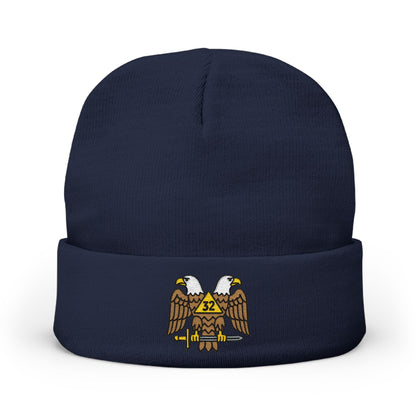 Scottish Rite embroidered knit beanie hat by Printify, featuring detailed embroidery and cozy knitted fabric on a neutral background.