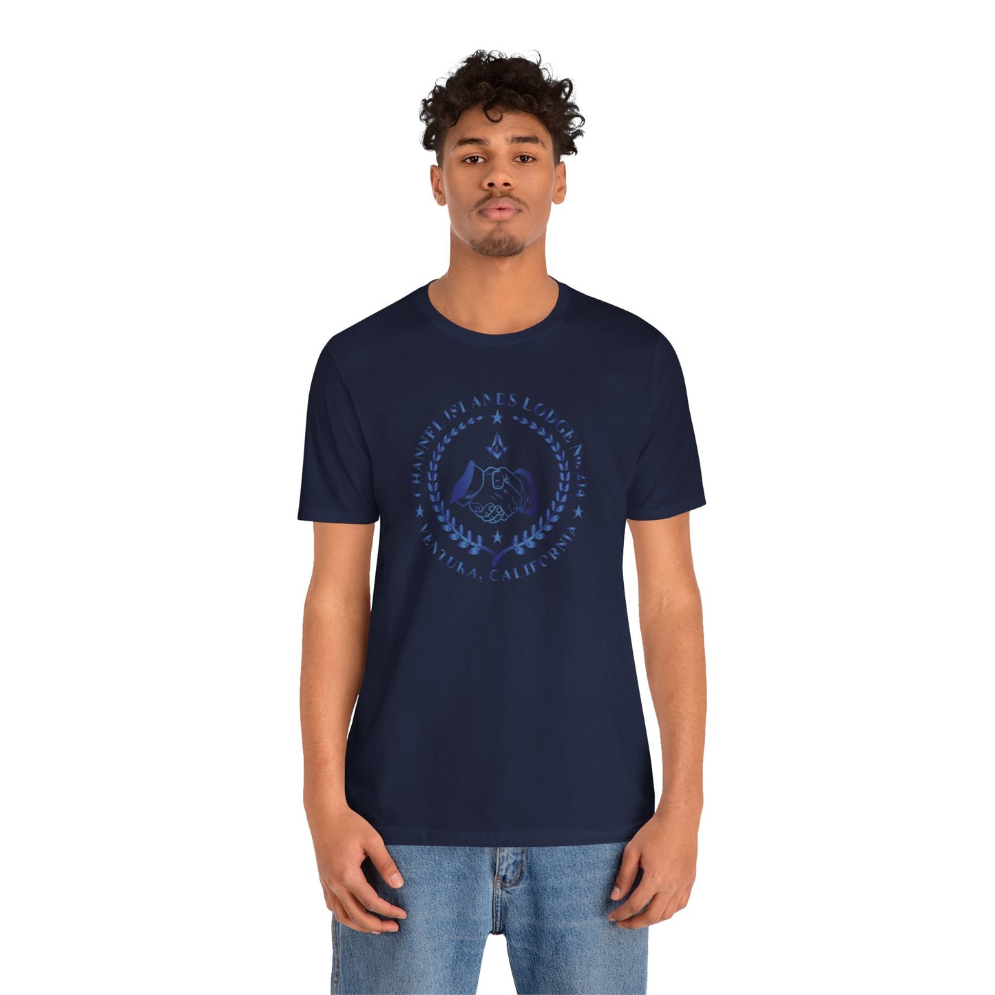 Channel Islands Lodge sapphire gradient short sleeve T-shirt by Printify, featuring a vibrant color design and casual fit.