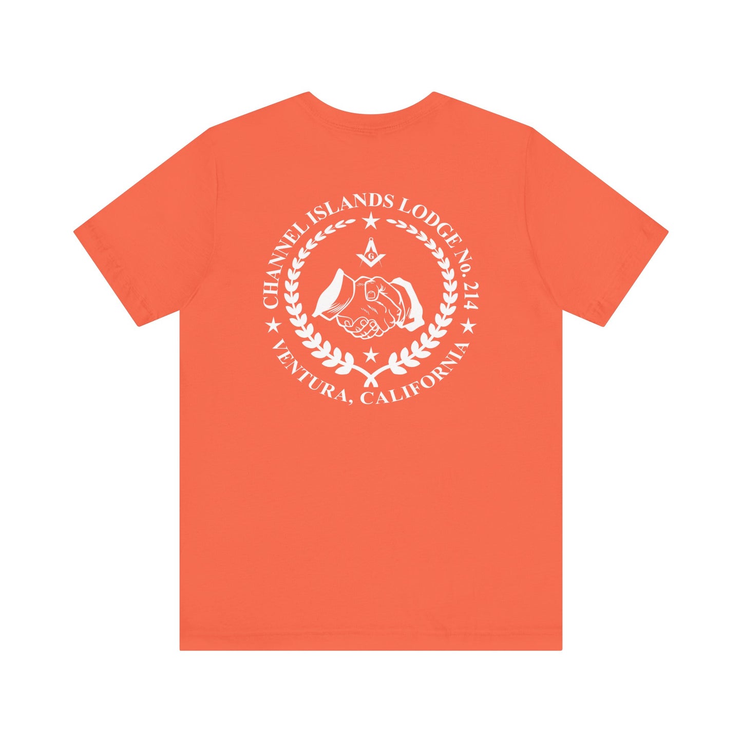Brightly colored Entered Apprentice T-Shirt by Printify featuring Channel Islands Lodge 214 logo on front.