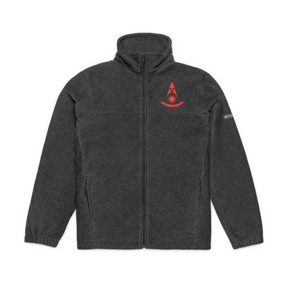 Red CA Past Master Embroidered Columbia Fleece Jacket sweatshirt with No Face design by Printify, featuring detailed embroidery and fleece material.