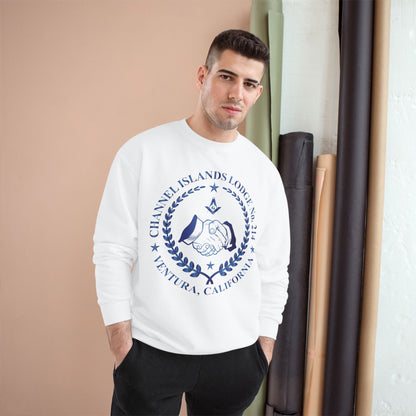Channel Islands Lodge 214 Champion sweatshirt in sapphire with logo, displayed on a white background.