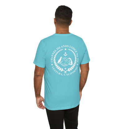 Blue and green Entered Apprentice T-Shirt from Channel Islands Lodge 214, featuring lodge emblem and casual fit.