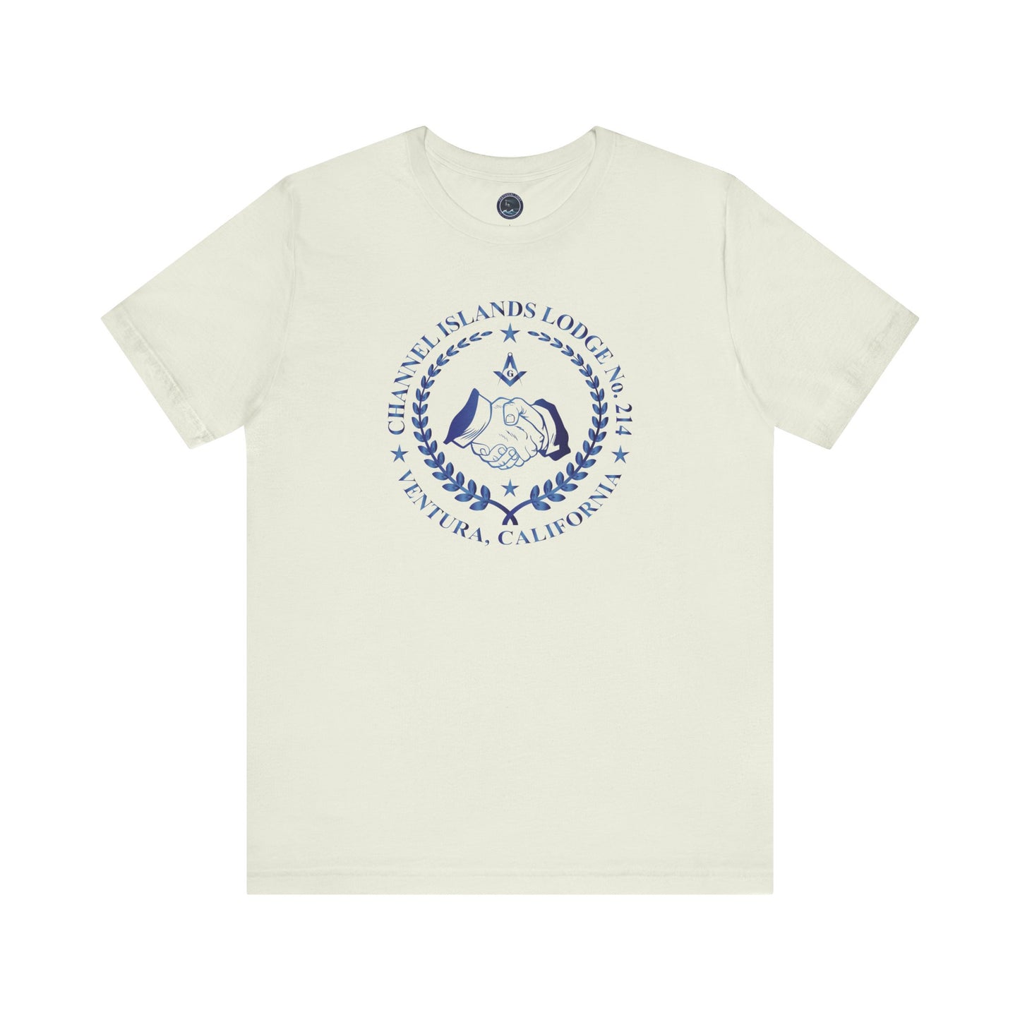 Channel Islands Lodge 214 short sleeve T-shirt in sapphire gradient, featuring a casual, colorful design by Printify.