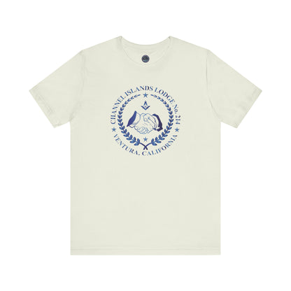 Channel Islands Lodge 214 short sleeve T-shirt in sapphire gradient, featuring a casual, colorful design by Printify.