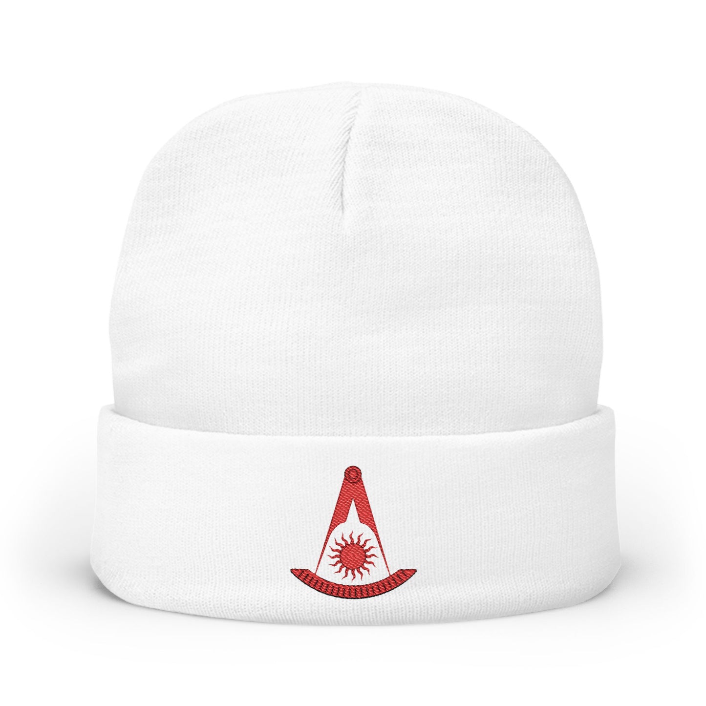 Red Past Master embroidered knit beanie by Printify featuring plain sun design, soft knit fabric and comfortable fit.