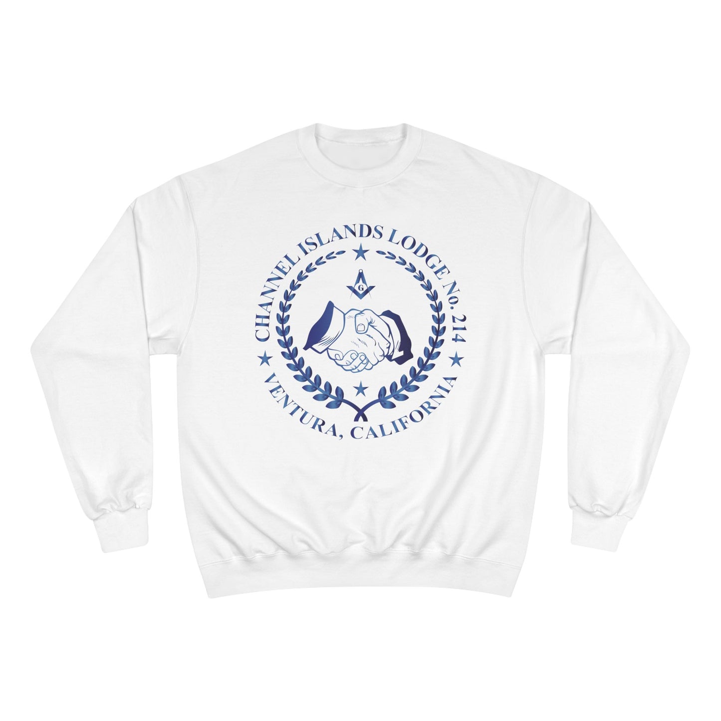 Channel Islands Lodge 214 Champion sweatshirt in sapphire with logo, shown in a close-up image.