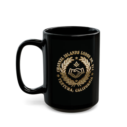 Black coffee mug with 3D gold Channel Islands Lodge 2-sided emblem, 11oz or 15oz, by Printify.