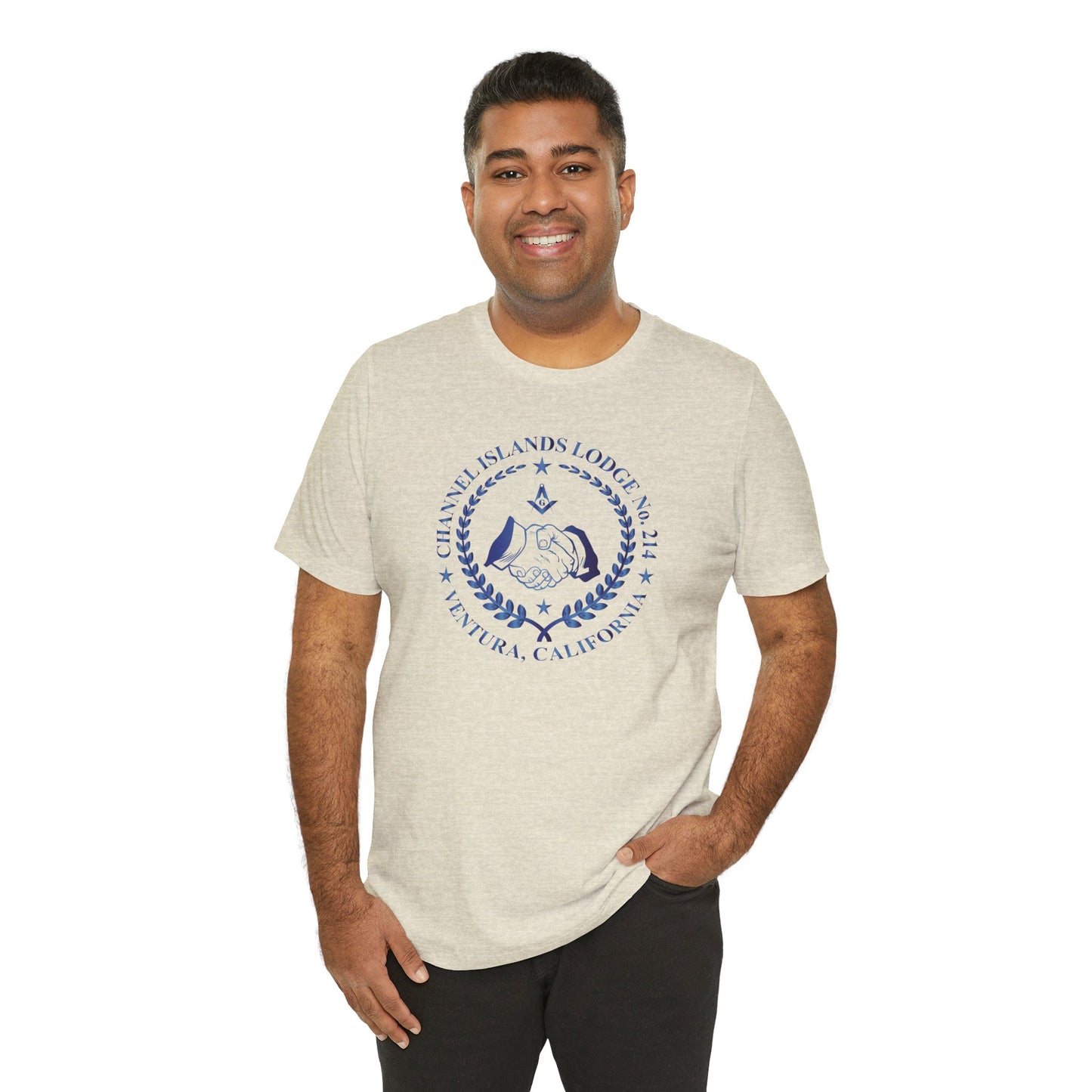 Channel Islands Lodge sapphire gradient short sleeve T-shirt by Printify, featuring a colorful design on soft fabric.